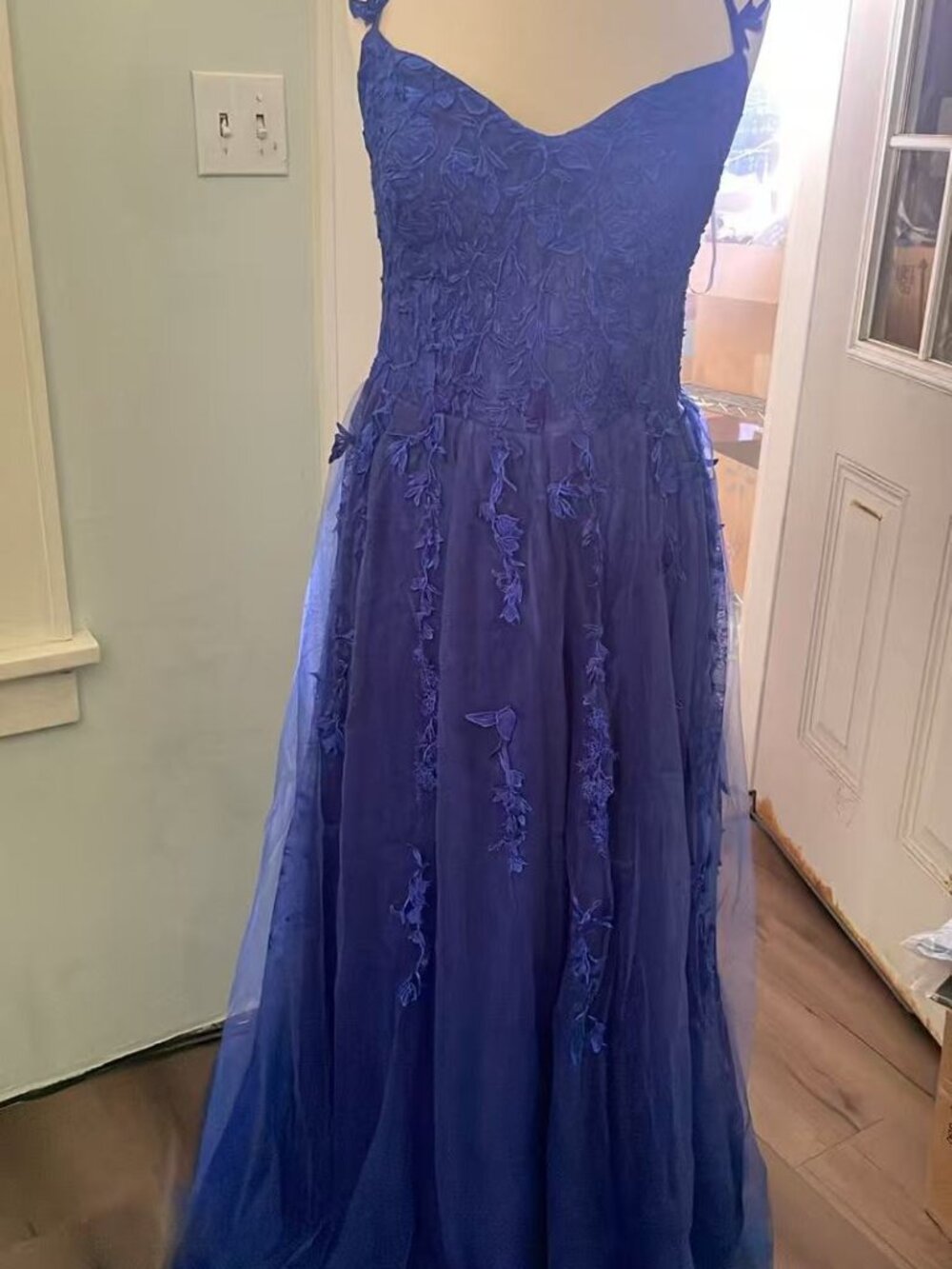 Spaghetti Strap Tulle Prom Dress for Women, Lace Applique Formal Evening Party